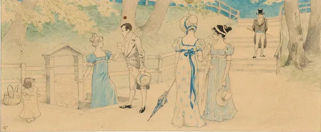 Peolpe strolling by a spring. Signed with monogram. Watercolour and pencil on paper. Mounted in passepartout. Visible size 11×26 cm.