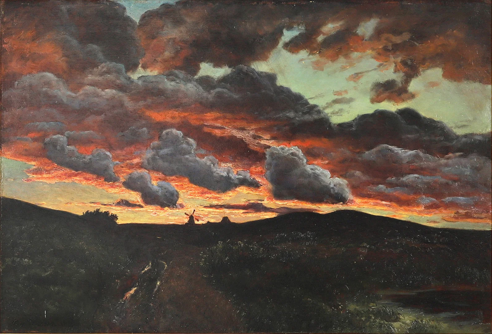 VIGGO C. PEDERSEN (Danmark, 1854-1926). Landskap med väderkvarn i aftonrodnad, signerad och daterad 1899, olja på pannå. — Paintings — Crafoord Auktioner Stockholm