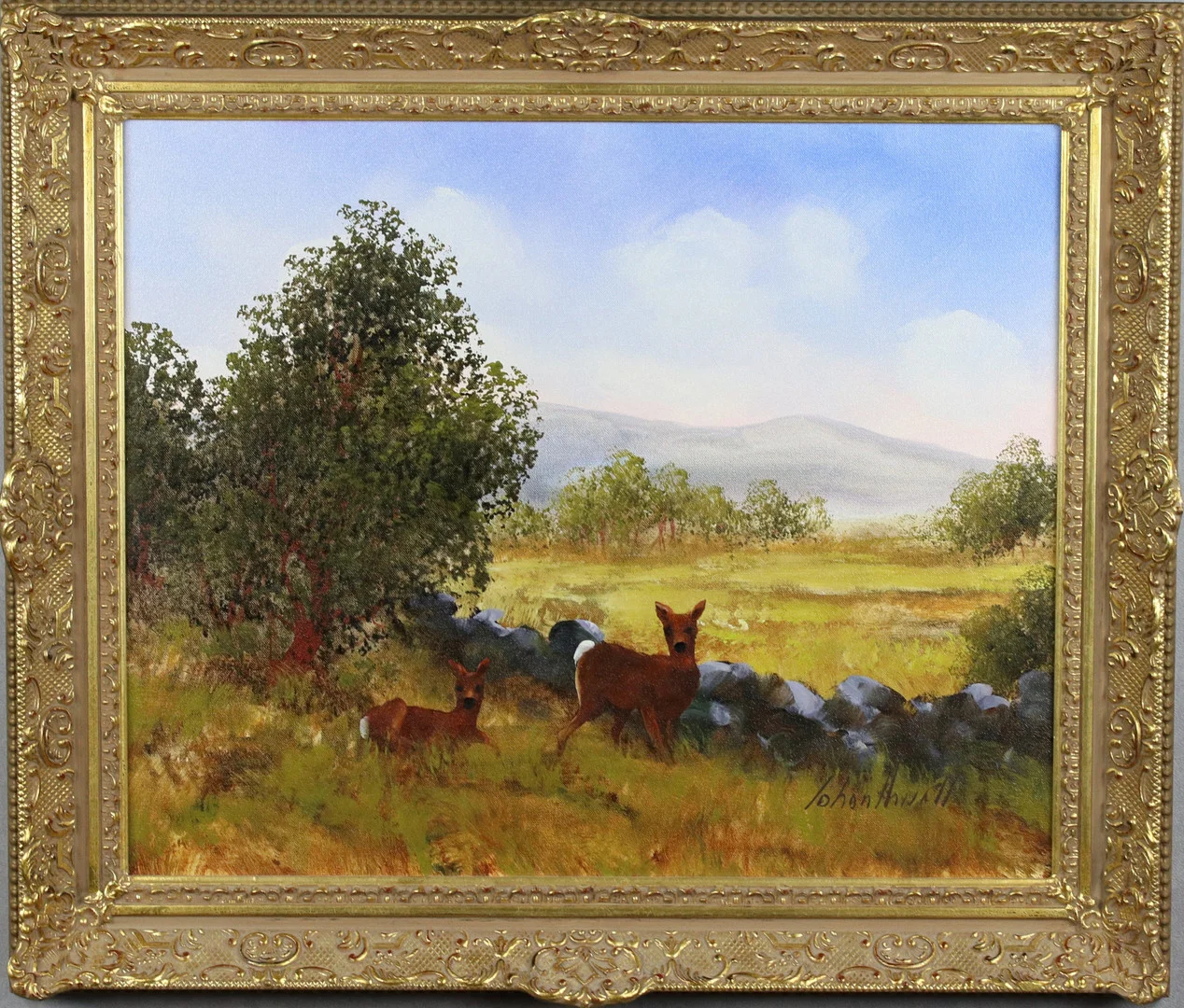 JOHAN ARVALL. Olja på duk, landskap med rådjur, signerad. — Paintings — Höganäs Auktionsverk