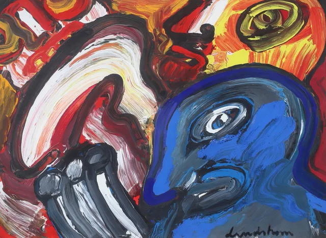 BENGT LINDSTRÖM. Komposition med figurer, akryl på papper, signerad.
