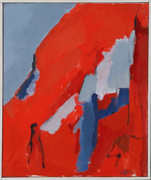 STIG DELANG. "Röd bergvägg", olja på duk, signerad.
