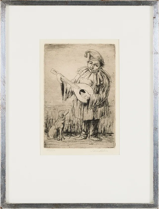 BÖRJE SANDELIN (1926-1970). Clown med hund, etsning.