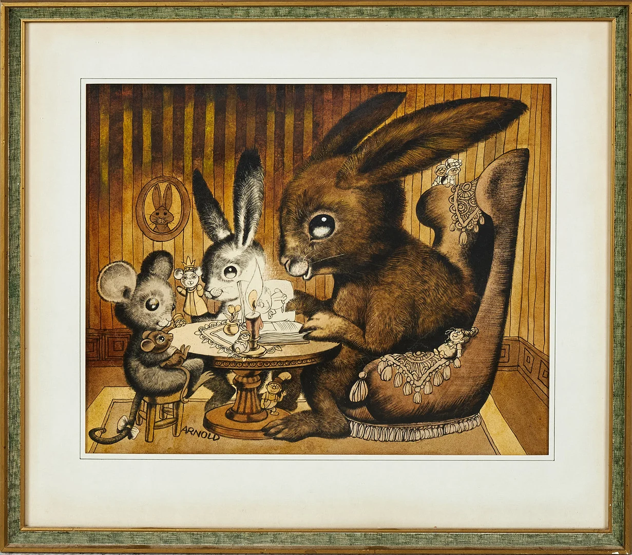 HANS ARNOLD. "Kaninen läser en godnattsaga" , blandteknik, bl a tusch, signerad, på baksidan med dedikation. — Paintings — Stockholms Auktionsverk Sickla