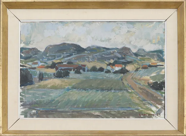 LENNART LARSSON. olja på duk,"Byn och berget", signerad L Larsson samt daterad -53.