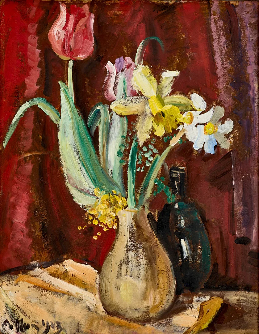 ANDERS OLSON (1880-1955) "Liljor och tulpaner", signerad och daterad 1943, olja på pannå. — Paintings — Crafoord Auktioner Stockholm
