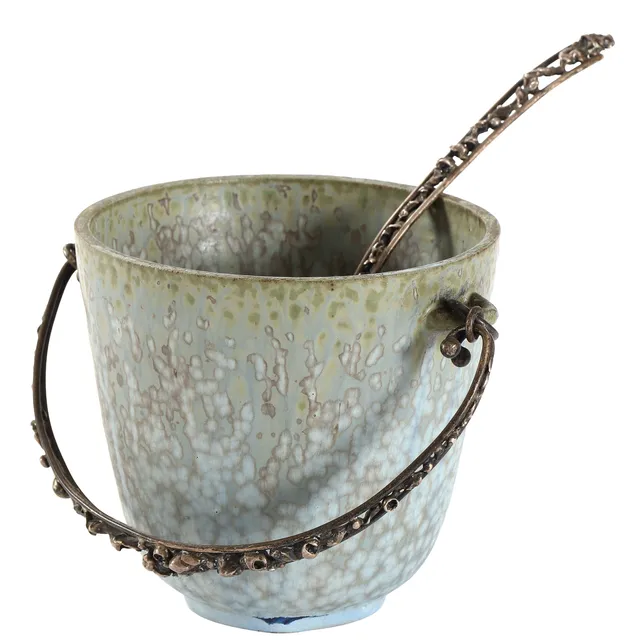 Arne Bang & Aage Weimar. Glazed stoneware ice bucket with modern handle & scoop in sterling silver. (2)