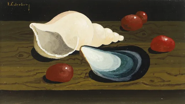 ERIC CEDERBERG. Stilleben med druvor och snäckskal, tempera på pannå, signerad E. Cederberg.