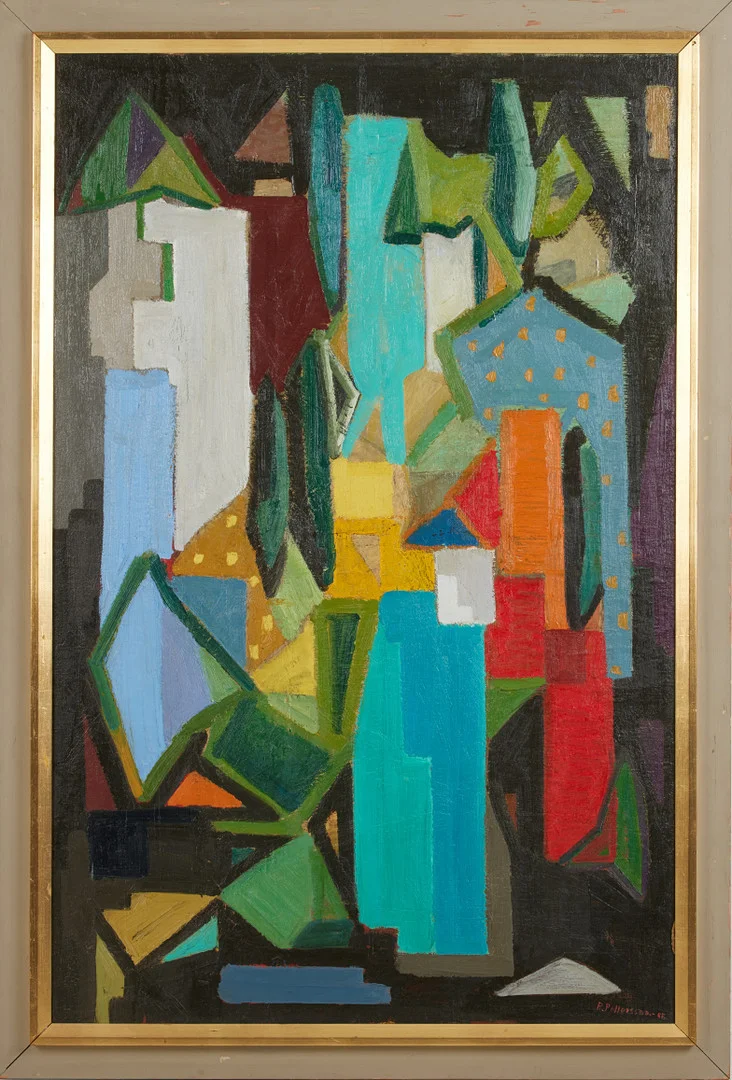 RUNE PETTERSSON (1918-1999) Geometrisk komposition, oljemålning på pannå, signerad och daterad R.Pettersson 1955. — Paintings — Stockholms Auktionsverk Magasin 5