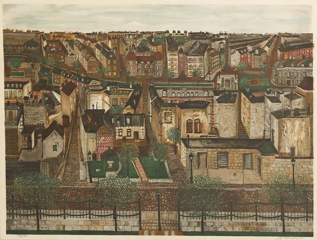 ARVID WIDERBERG. "Utsikt från Luxemburgträdgården i Paris", färglitografi, signerad och numrerad 326/360.