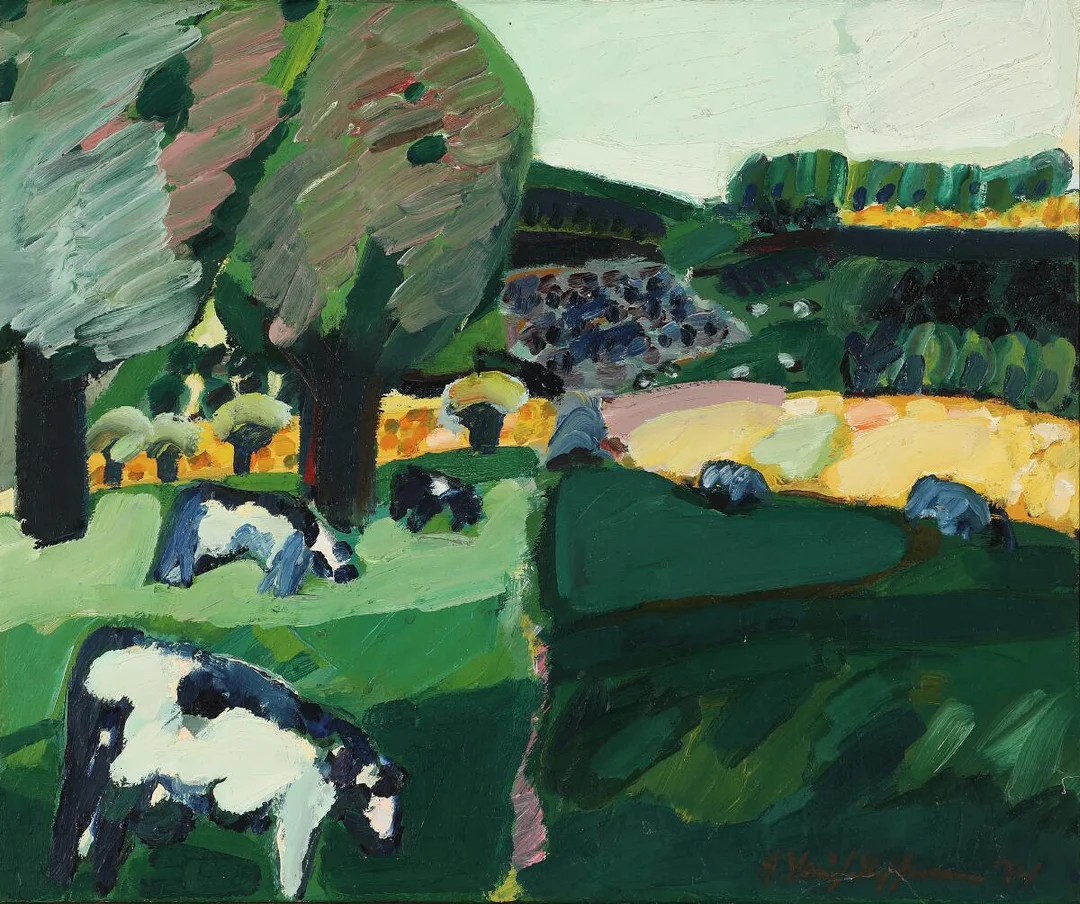 Landscape, 1974. Signed; signed, titled and dated on the reverse. Oil on canvas. 50 × 60 cm. — Modern Paintings/Modern art — Bruun Rasmussen