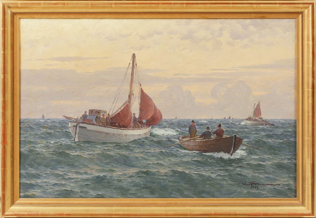 EMIL EKMAN. Olja på duk, Fiskebåtar i skymningsljus, signerad och daterad 1942. — Paintings — Göteborgs Auktionsverk
