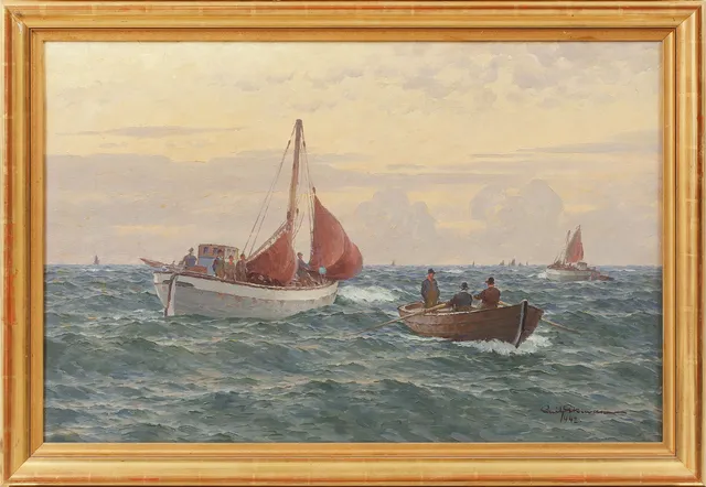 EMIL EKMAN. Olja på duk, Fiskebåtar i skymningsljus, signerad och daterad 1942.