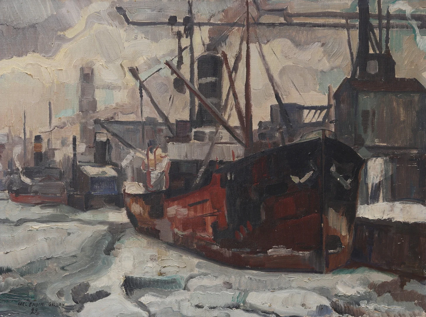 KARL ENOCK OHLSSON. "Vinter i hamnen", signerad, daterad -29. — Paintings — Växjö Auktionskammare