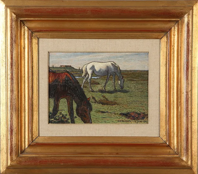 NILS KREUGER. Betande hästar, blandteknik på pannå, signerad N Kreuger 19 juni 1902.