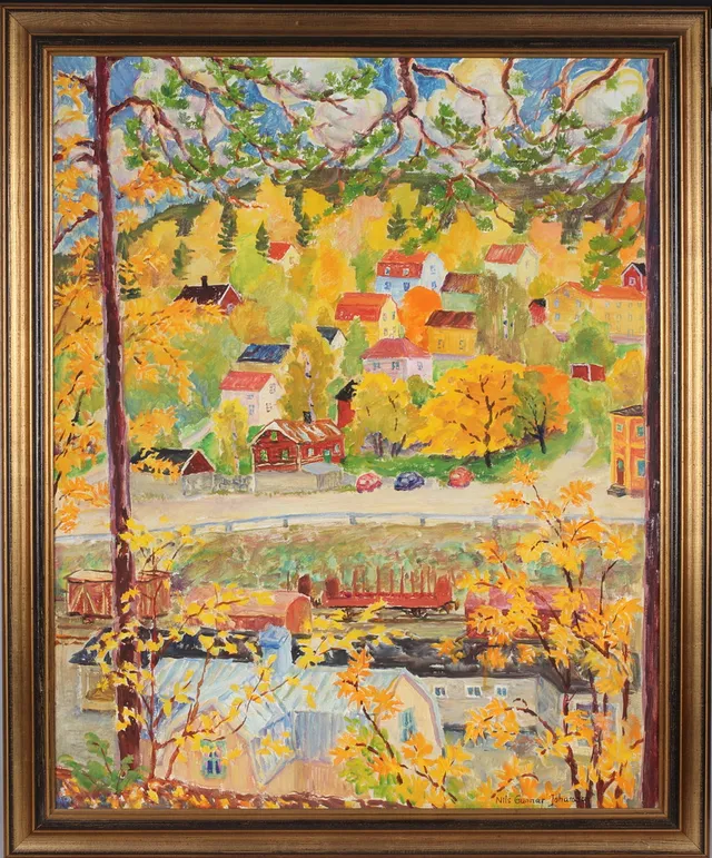 NILS GUNNAR JOHANSSON. "Höst i Kramfors", olja på duk, signerad.