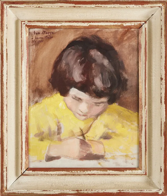 EVA BAGGE. porträtt av flicka i gult, olja på duk, signerad och daterad 1950.