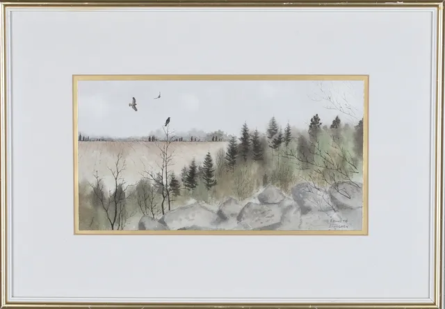 KENNETH LINDGREN. Akvarell, fåglar i landskap, signerad.