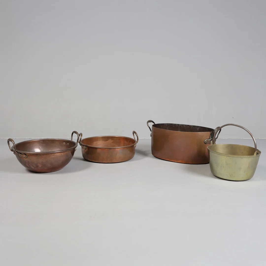 TWO PRESERVE PANS, A LARGE COPPER PAN AND A TWIN HANDLED BOWL, 19TH CENTURY (4). — Pewter, Brass & Copper — Bishop & Miller