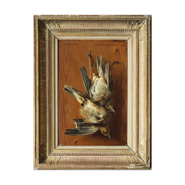 MATHIAS LEYENDECKER (GERMAN, 1821-1871). STILL LIFE OF HANGING BIRDS ON TROMPE L'OEIL PANELLING.