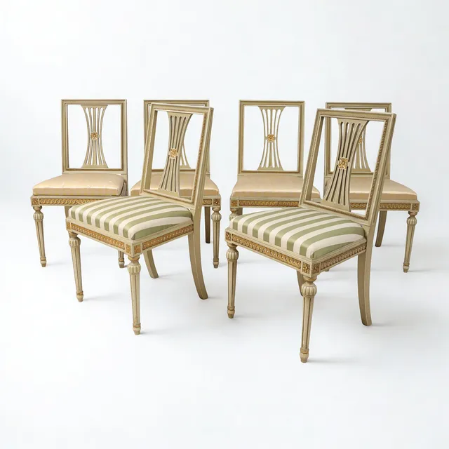 STOLAR, 6st, gustaviansk stil, 1900-tal, bemålade och bronserade, med skuren bandfläta, kragade kanelerade ben, genombruten ryggbricka. Lösstoppad sits.