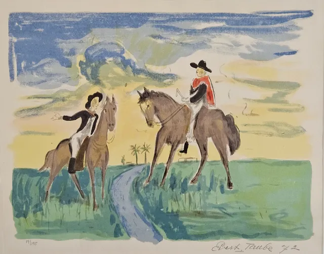 EVERT TAUBE. "MÖTE PÅ PAMPAS", serigrafi ur mappen "Minnen från Pampas", signerad Evert Taube, numrerad 19/195 och daterad -72.
