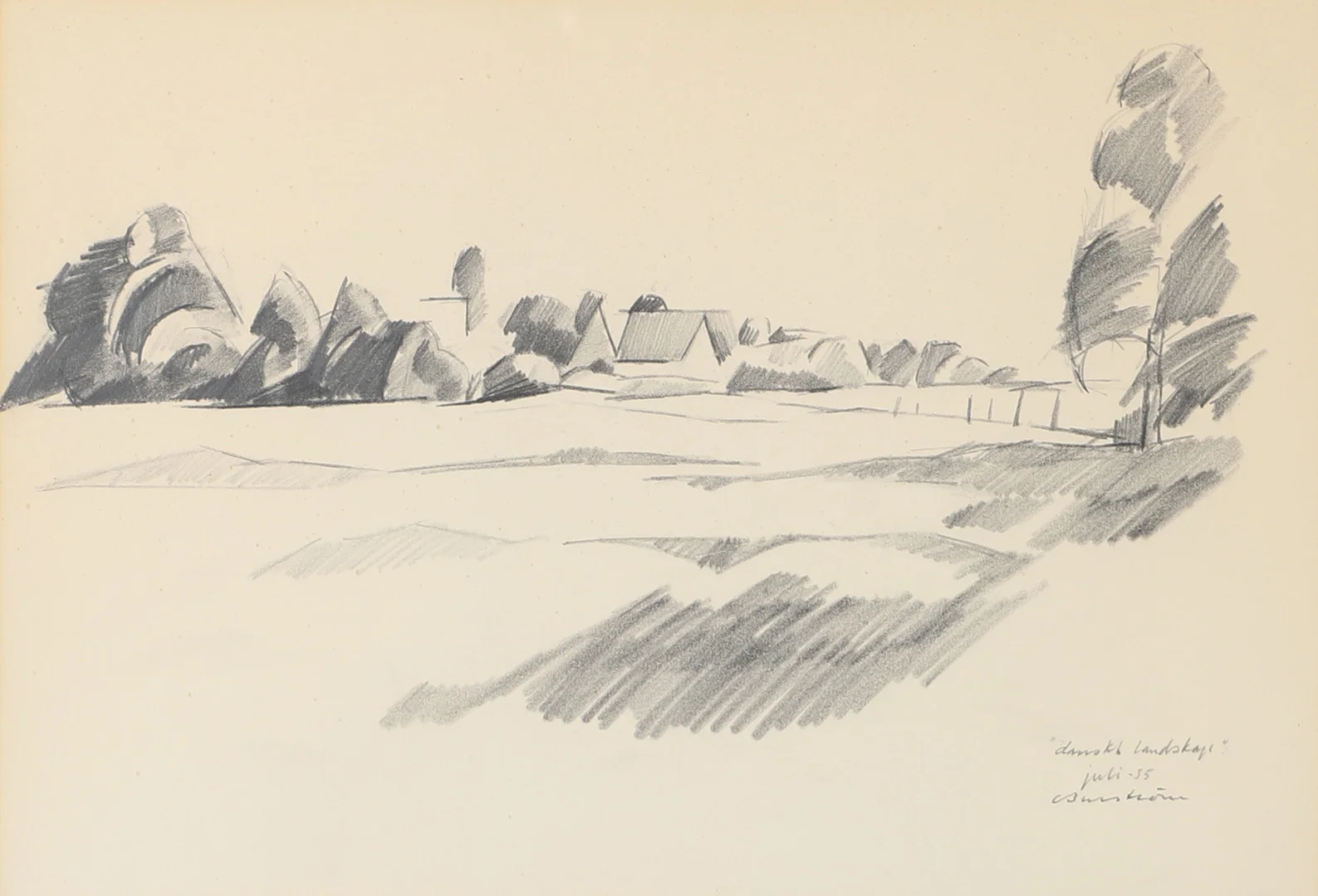 CURT BURSTRÖM. "Danskt landskap", blyertsteckning, signerad Burström, 1955. — Drawings — Helsingborgs Auktionskammare