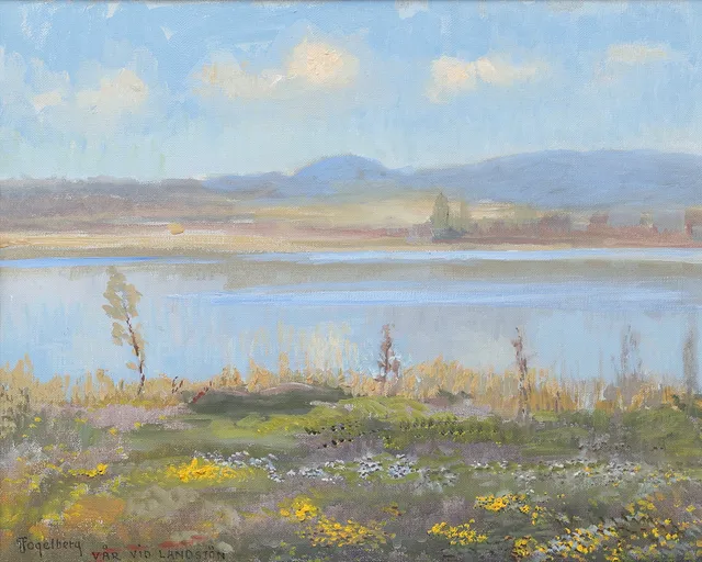 GUSTAF FOGELBERG. Olja på duk, Vår vid landsjön, signerad G. Fogelberg.