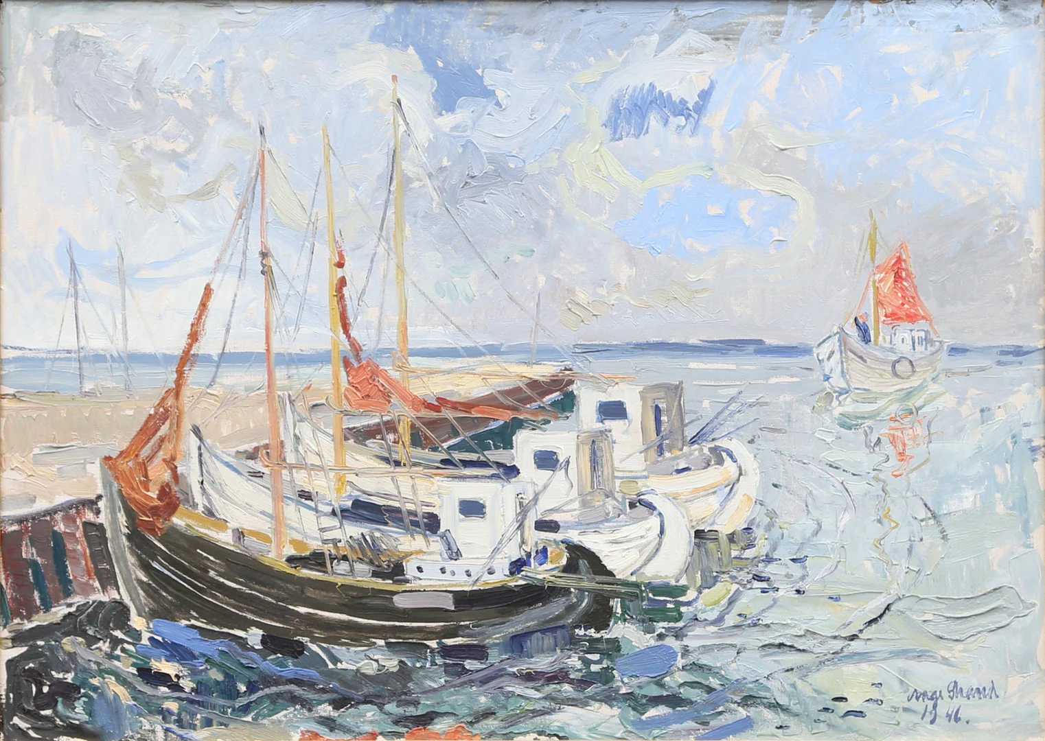 AAGE STRAND (DANMARK, 1910-1974). Fiskebåtar, nordsjälland, olja på duk, signerad och daterad 1946. — Paintings — Garpenhus Auktioner