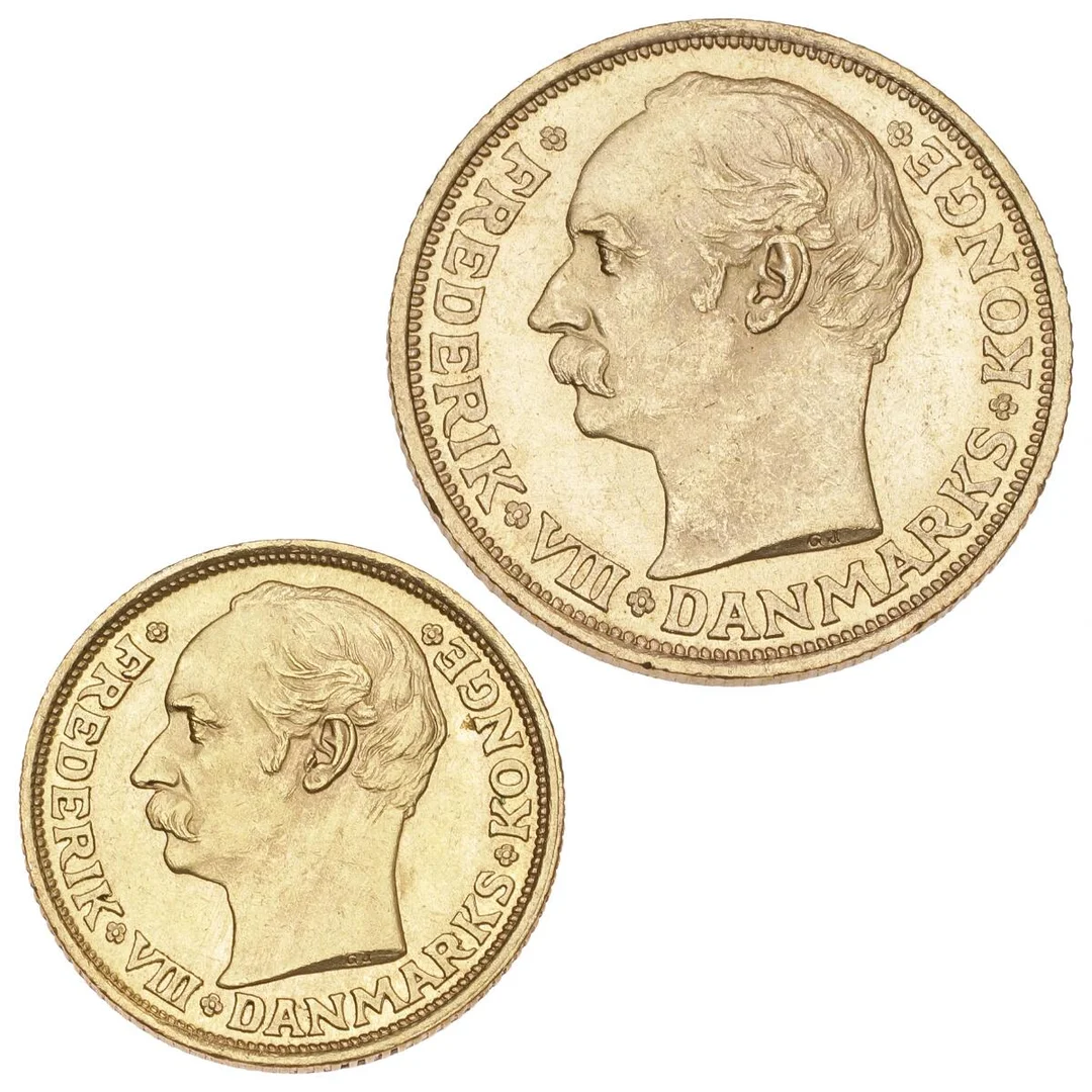 20 kr 1909 VBP, H 1, F 297; 10 kr 1908 VBP, H 2, F 298, (2) — Coins, Medals & Banknotes/Denmark/Frederik VIII, 1906–1912 — Bruun Rasmussen