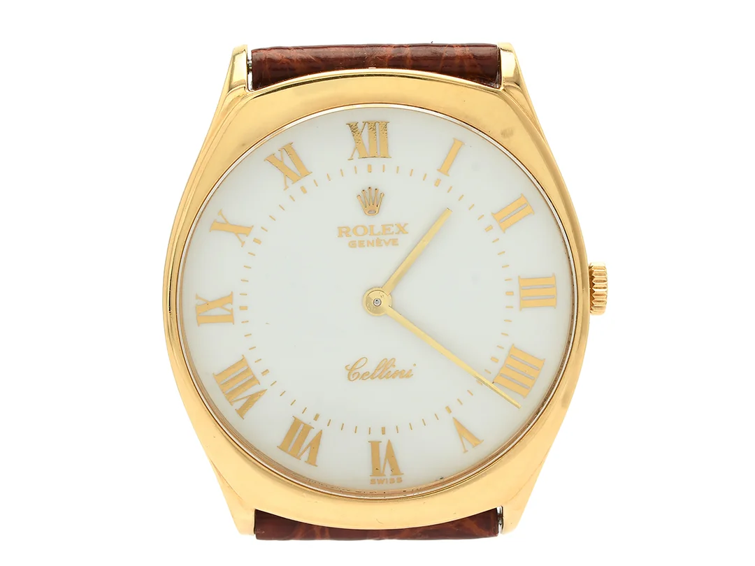 ROLEX, Genève, Cellini, Cal 1601, Ref nr. 4133, Serie nr. 4331124, Boett nr. 1 514, herrur, 31 x 33,8 (36,6) mm, 18K guld, manuell, safirglas, skadad urtavla, läderband, originalspänne, ca 1976. — Klockor/Rolex — Kaplans