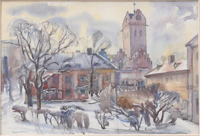 INGEGERD BESKOW. "Vinter i Växjö", akvarell, signerad.
