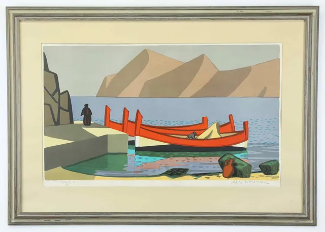 LARS NORRMAN. Litografi, Röda båtar, signerad, numerad 236 av 310.