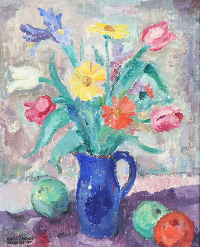 KARL ENOCK OHLSSON. Oljemålning på pannå. Stilleben med blombukett. Signerad.