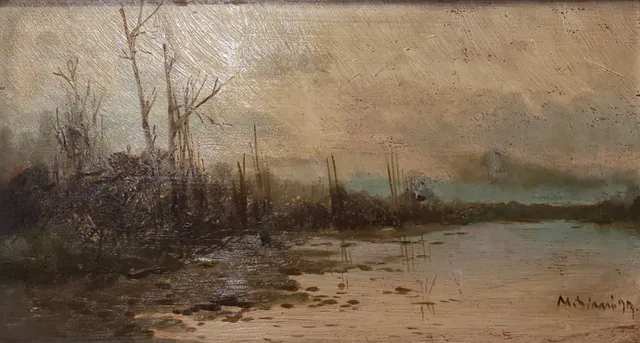 M. SIMÓ (SIGLO XIX). PAISAJE CON LAGO. ÓLEO SOBRE TABLA. FECHADO '77.