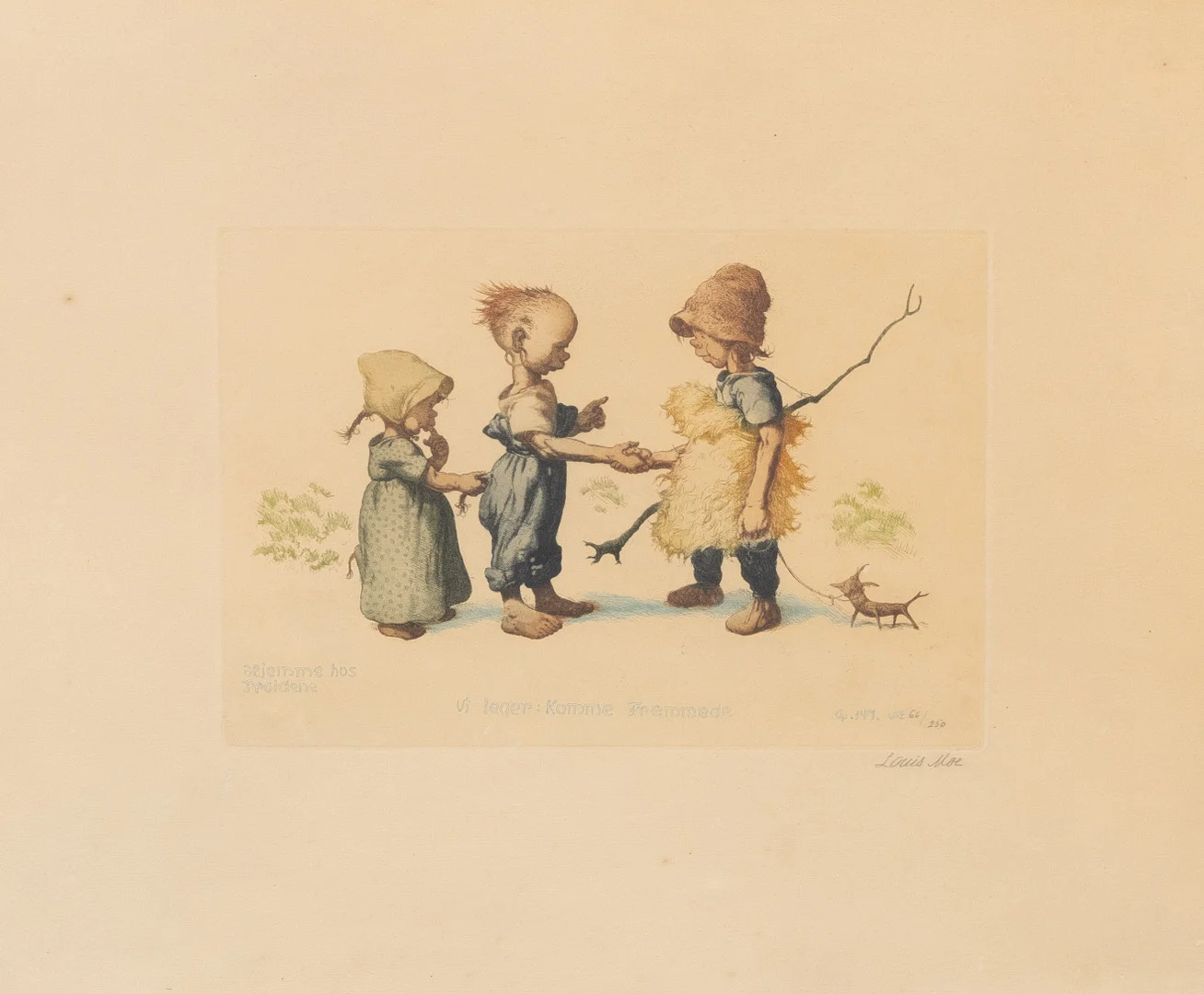 LOUIS MOE (NORGE 1857- DANMARK1945). "Hjemme hos troldene", färgetsning, 66/250, signerad. — Engravings & Prints — Garpenhus Auktioner