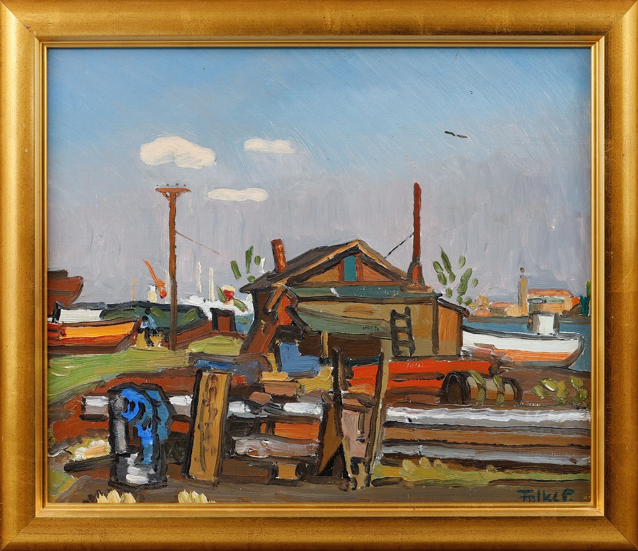 FOLKE PERSSON. Göteborgs hamn, olja på pannå, signerad. — Paintings — Göteborgs Auktionsverk