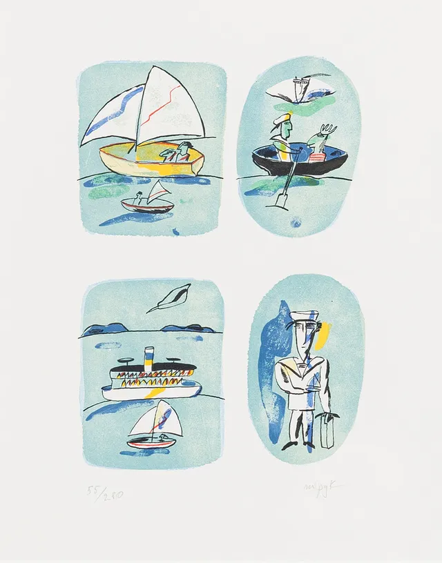 MADELEINE PYK. Komposition med segelbåtar, färglitografi, signerad, numrerad 55/280.