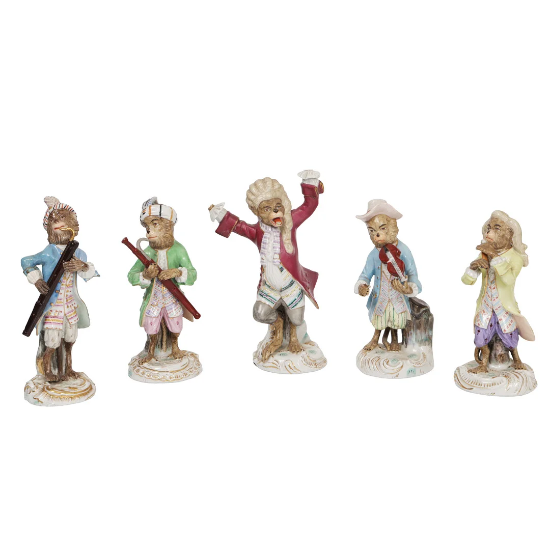 FIVE MEISSEN STYLE "MONKEY ORCHESTRA" PORCELAIN FIGURES (5). — European — Bishop & Miller