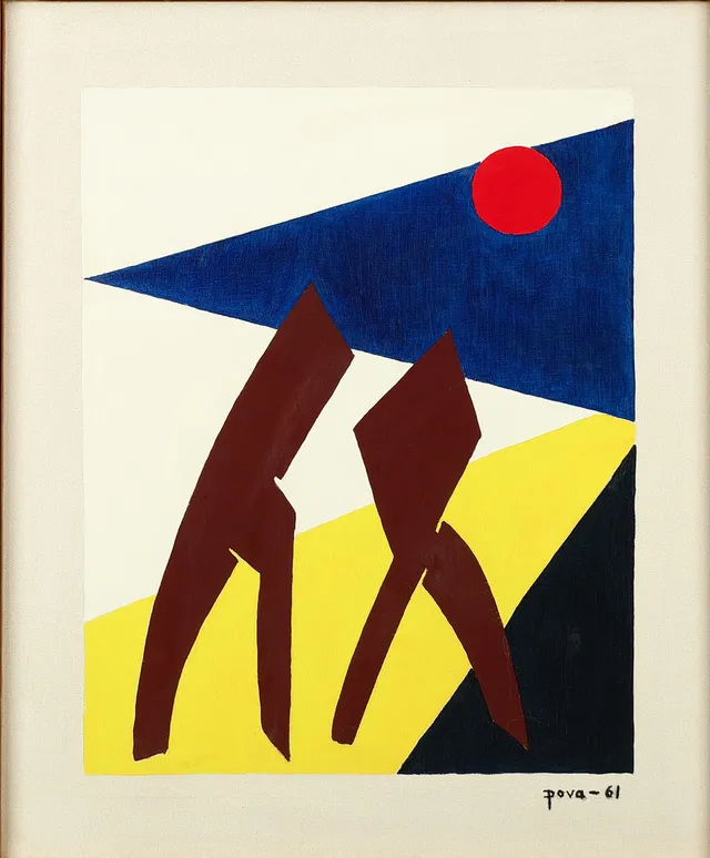 UBEKENDT KUNSTNER. Komposition med figurer, olie på lærred, signeret og dateret 1961.
