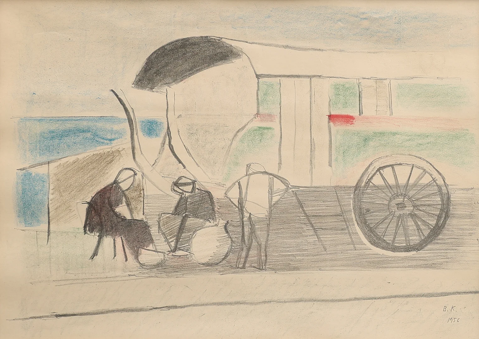 BRITA AF KLERCKER. KRITTECKNING PÅ PAPPER, MONOGRAMSIGNERAD OCH DATERAD 1956. — Drawings — Crafoord Auktioner Lund