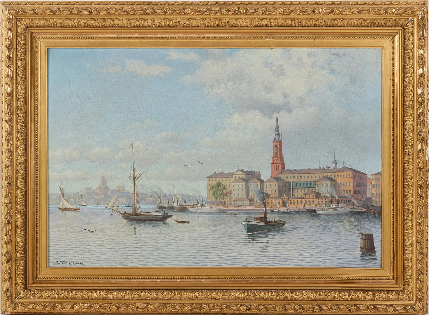 ALFRED WETTERSTRÖM (1863-1934). Stockholmsmotiv med segelbåtar på Riddarfjärden, olja på duk, signerad och daterad A. Wetterström 93. — Paintings — Stockholms Auktionsverk Magasin 5