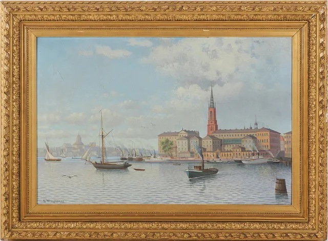 ALFRED WETTERSTRÖM (1863-1934). Stockholmsmotiv med segelbåtar på Riddarfjärden, olja på duk, signerad och daterad A. Wetterström 93.