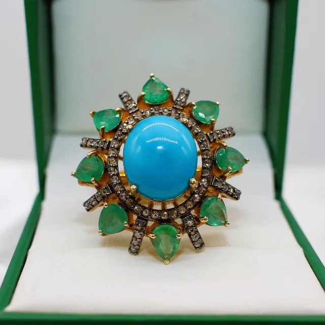 TURQUOISE, EMERALD & DIAMOND DRESS RING 9545.