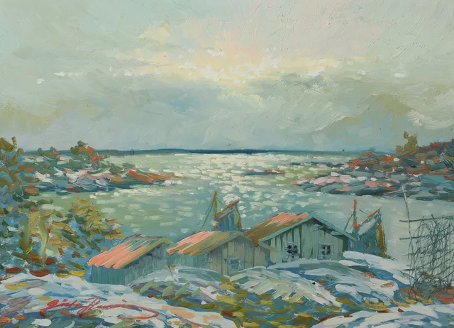 GÖSTA HENNING. Fiskestugor vid havet, olja på pannå, signerad.