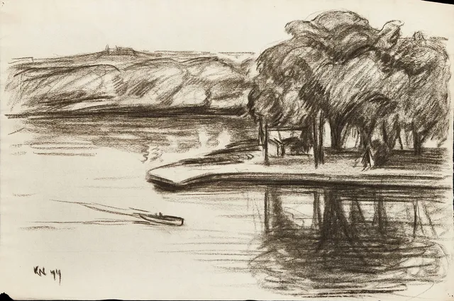 KARL NORDSTRÖM (Tjörn 1855-1923 Drottningholm). Utsikt över Reimersholme och Charlottenburg sett från Gröndal, signerad, kol på papper.