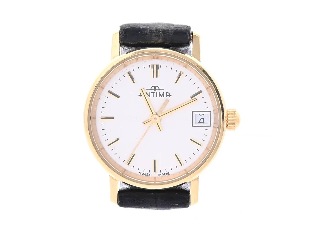 Armbandsur, Antima, 21mm, 18K, quartz (går ej), datumvisning, safirglas, gravyr, läderarmband, i box — Klockor/Antima — Kaplans