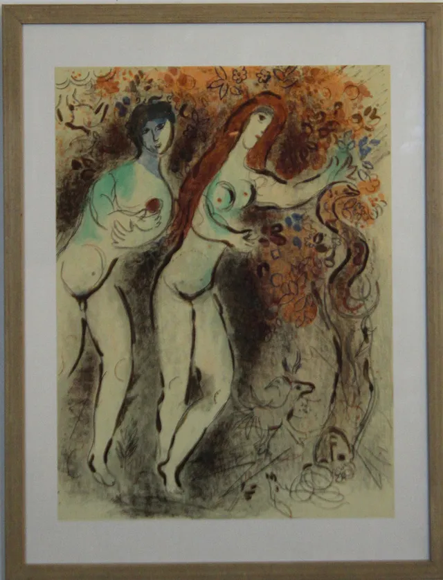 MARC CHAGALL. LITOGRAFI "Adam och Eva och den förbjudna frukten " Atelier Mourlot, Paris 1960.