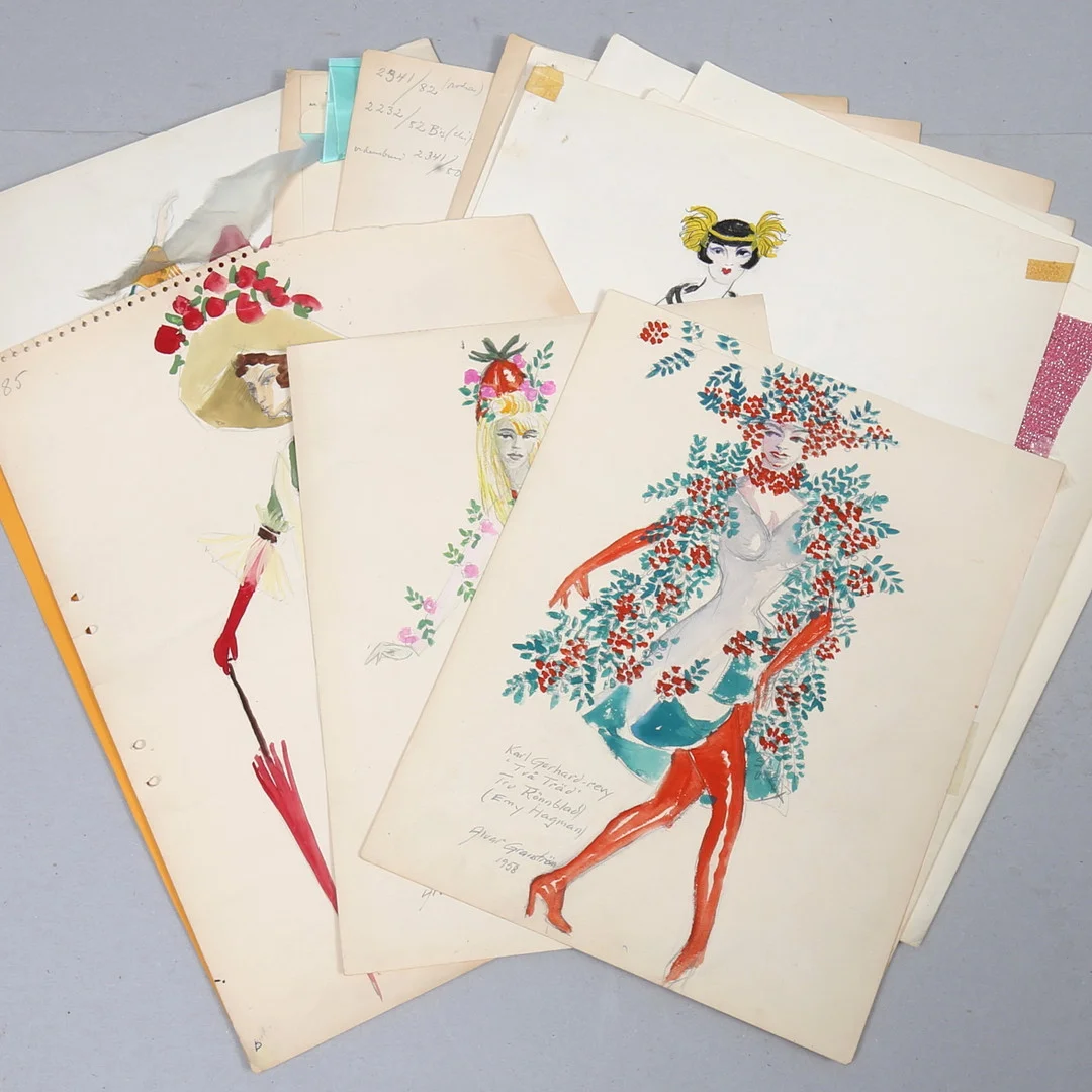 ALVAR GRANSTRÖM. Delvis tillskrivet. Dräktskisser, 14 st, från olika föreställningar, delvis daterade, delvis signerade. — Drawings — Auktionshuset Kolonn