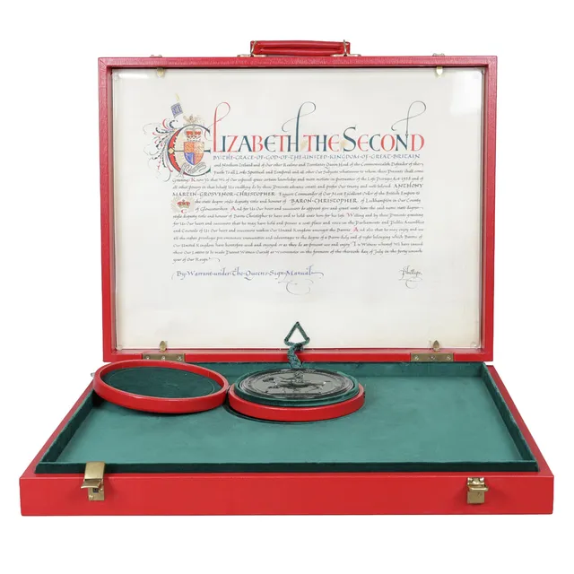 A QUEEN ELIZABETH II LETTERS PATENT RAISING THE RIGHT HONOURABLE ANTHONY MARTIN GROSVENOR CHRISTOPHER TO BARON CHRISTOPHER.