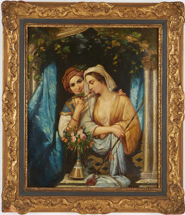OIDENTIFIERAD KONSTNÄR. Figursceneri från fönster, olja på duk, 1800-tal, otydligt signerad.